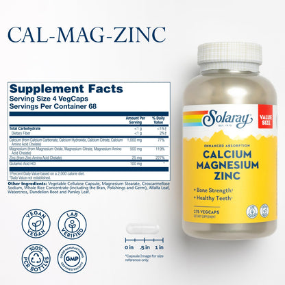 SOLARAY Calcium Magnesium Zinc Supplement - with Calcium 1000mg, Magnesium 500mg - Bone Health, Muscle Function, Heart Health and Immune Support - Vegan, 60 Day Guarantee, 68 Servings, 275 VegCaps - PrimeBioHealth - canada supplements