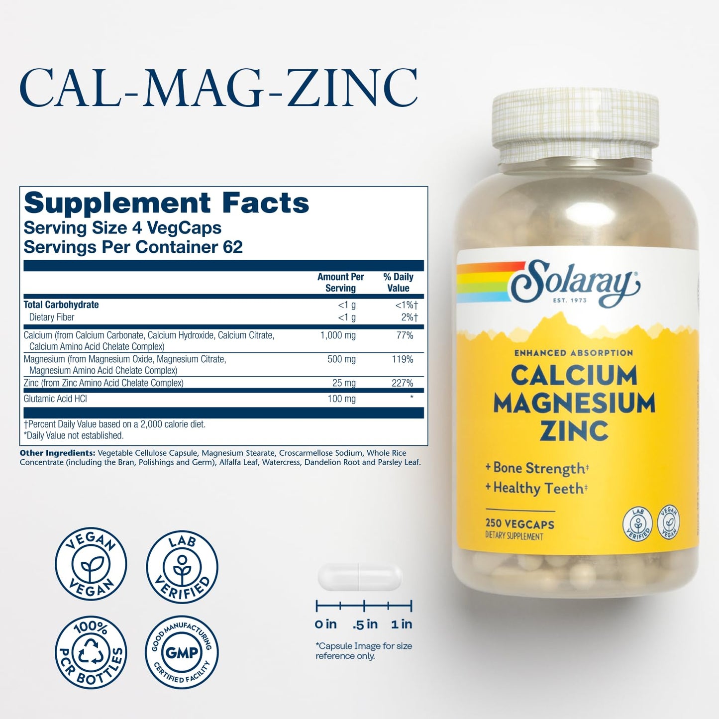 SOLARAY Calcium Magnesium Zinc Supplement - with Calcium 1000mg, Magnesium 500mg - Bone Health, Muscle Function, Heart Health and Immune Support - Vegan, 60 Day Guarantee, 68 Servings, 275 VegCaps - PrimeBioHealth - canada supplements