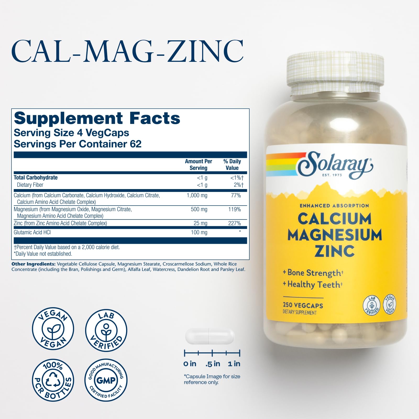 SOLARAY Calcium Magnesium Zinc Supplement - with Calcium 1000mg, Magnesium 500mg - Bone Health, Muscle Function, Heart Health and Immune Support - Vegan, 60 Day Guarantee, 68 Servings, 275 VegCaps - PrimeBioHealth - canada supplements