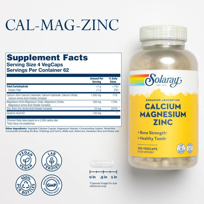 SOLARAY Calcium Magnesium Zinc Supplement - with Calcium 1000mg, Magnesium 500mg - Bone Health, Muscle Function, Heart Health and Immune Support - Vegan, 60 Day Guarantee, 68 Servings, 275 VegCaps - PrimeBioHealth - canada supplements