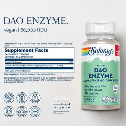 SOLARAY DAO Enzyme - Digestive Enzyme that Breaks Down Histamine - 60,000 HDU - Digestive Enzymes - Vegan, Gluten Free, Lab Verified - 30 Servings, 30 VegCaps - PrimeBioHealth - canada supplements