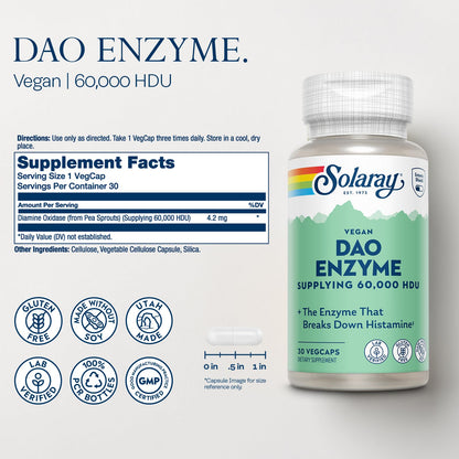 SOLARAY DAO Enzyme - Digestive Enzyme that Breaks Down Histamine - 60,000 HDU - Digestive Enzymes - Vegan, Gluten Free, Lab Verified - 30 Servings, 30 VegCaps - PrimeBioHealth - canada supplements