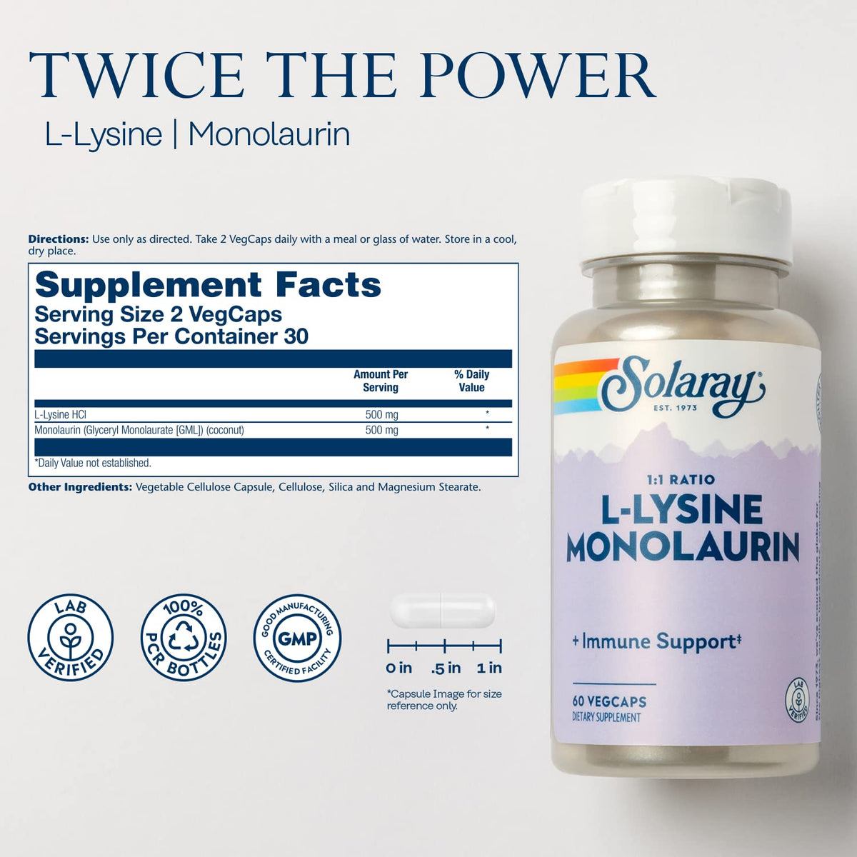 SOLARAY L-Lysine Monolaurin Immune Support Supplement, 1:1 Ratio for Immune System Function, 500 mg Each, 60-Day Money Back Guarantee - PrimeBioHealth - canada supplements
