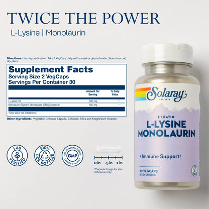 SOLARAY L-Lysine Monolaurin Immune Support Supplement, 1:1 Ratio for Immune System Function, 500 mg Each, 60-Day Money Back Guarantee - PrimeBioHealth - canada supplements