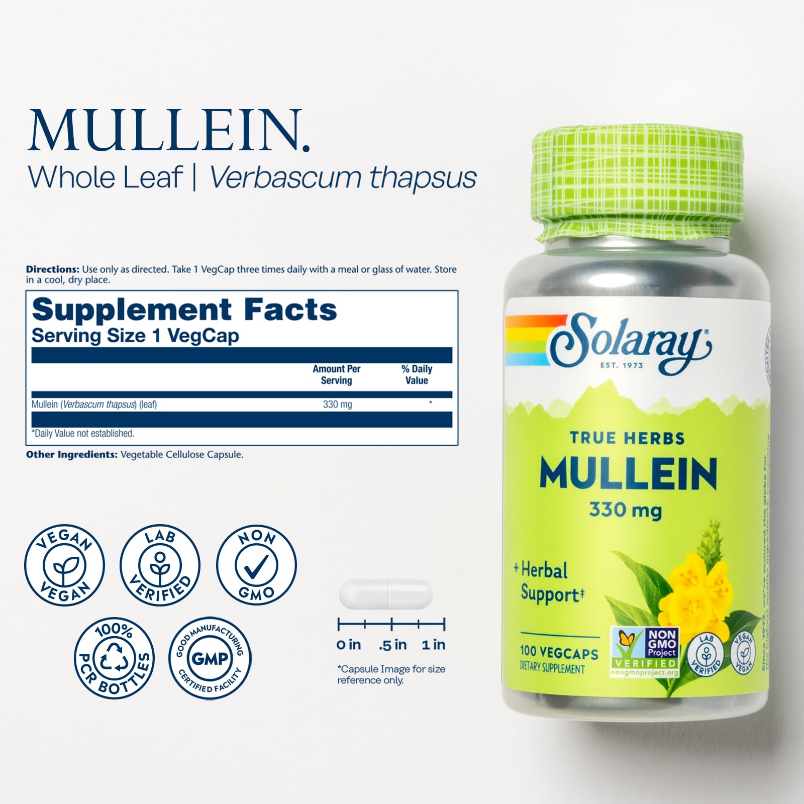 SOLARAY Mullein Leaf 330 mg - Soothing Herbal Support - Mullein Capsules Traditionally Used to Support Health and Wellness - Vegan, Non-GMO, Lab Verified, 60-Day Guarantee, 100 Servings, 100 VegCaps - PrimeBioHealth - canada supplements