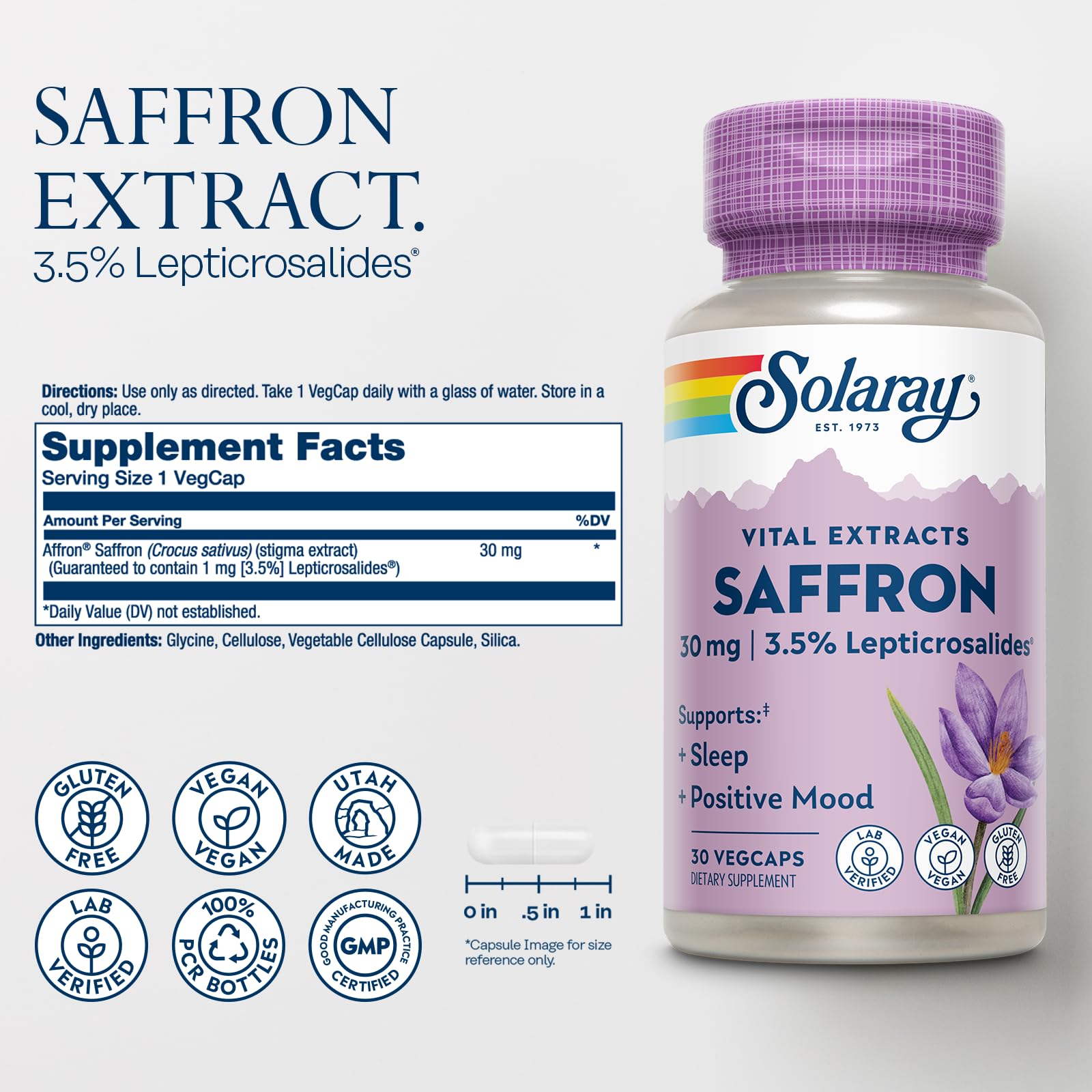 SOLARAY Saffron Extract - Sleep and Positive Mood Support - Vegan and Gluten Free Saffron Supplements - Lab Verified - 60-Day Guarantee - 30 Servings, 30 VegCaps - PrimeBioHealth - canada supplements