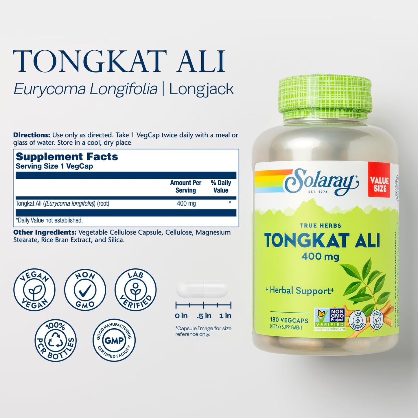 SOLARAY Tongkat Ali 400 mg - Longjack Tongkat Ali for Men - Herbal Support for Men's Health and Vitality - Vegan, Non-GMO, Lab Verified - 180 Servings, 180 VegCaps - PrimeBioHealth - canada supplements