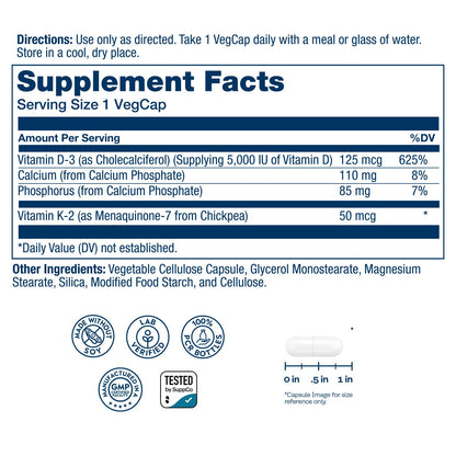 SOLARAY Vitamin D3 K2 - Bone Health and Immune Support Supplement - With 5000 IU Vitamin D as Vit D3 and 50 mcg Vitamin K2 as Menoquinone MK7, Made Without Soy, 60-Day Guarantee, 120 Serv, 120 VegCaps - PrimeBioHealth - canada supplements