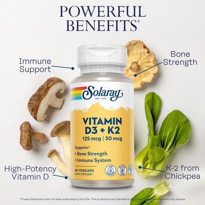 SOLARAY Vitamin D3 K2 - Bone Health and Immune Support Supplement - With 5000 IU Vitamin D as Vit D3 and 50 mcg Vitamin K2 as Menoquinone MK7, Made Without Soy, 60-Day Guarantee, 120 Serv, 120 VegCaps - PrimeBioHealth - canada supplements