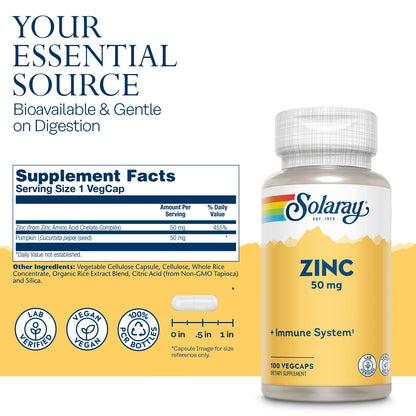 Solaray Zinc 50mg Immune Support Capsules, 100 Count, Vegan, Pumpkin Seed - PrimeBioHealth - canada supplements
