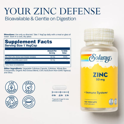 Solaray Zinc 50mg Immune Support Capsules, 100 Count, Vegan, Pumpkin Seed - PrimeBioHealth - canada supplements