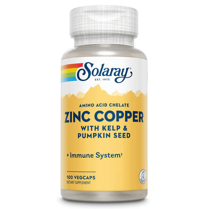 SOLARAY Zinc Copper Amino Acid Chelate - Immune Support Supplement w/Chelated Zinc 50mg - Bone, Skin, Heart Health and Thyroid Support - with Iodine from Kelp, 60-Day Guarantee, 100 Serv, 100 VegCaps - PrimeBioHealth - canada supplements