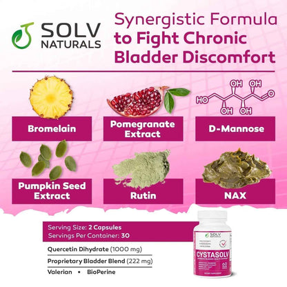 SOLV NATURALS CYSTASOLV Bladder & Pelvic Discomfort Formula - Enjoy Less Urgency & Flares* with Daily IC/BPS UTI Support – Premium Bladder & Urinary Support for Women & Men - 60 Vegan Capsules