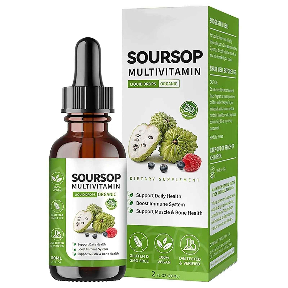 Soursop Bitters Liquid 2 Fl Oz, Soursop Graviola Leaf Extract Liquid Drop, Soursop Multivitamin Liquid Drops Organic for Cell Support, Immune System, Relax