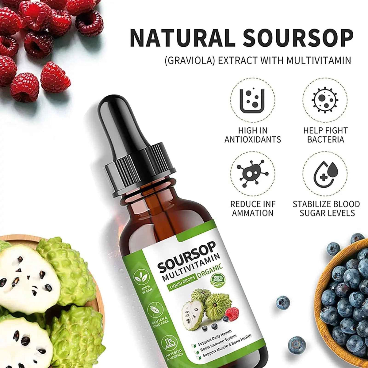 Soursop Bitters Liquid 2 Fl Oz, Soursop Graviola Leaf Extract Liquid Drop, Soursop Multivitamin Liquid Drops Organic for Cell Support, Immune System, Relax
