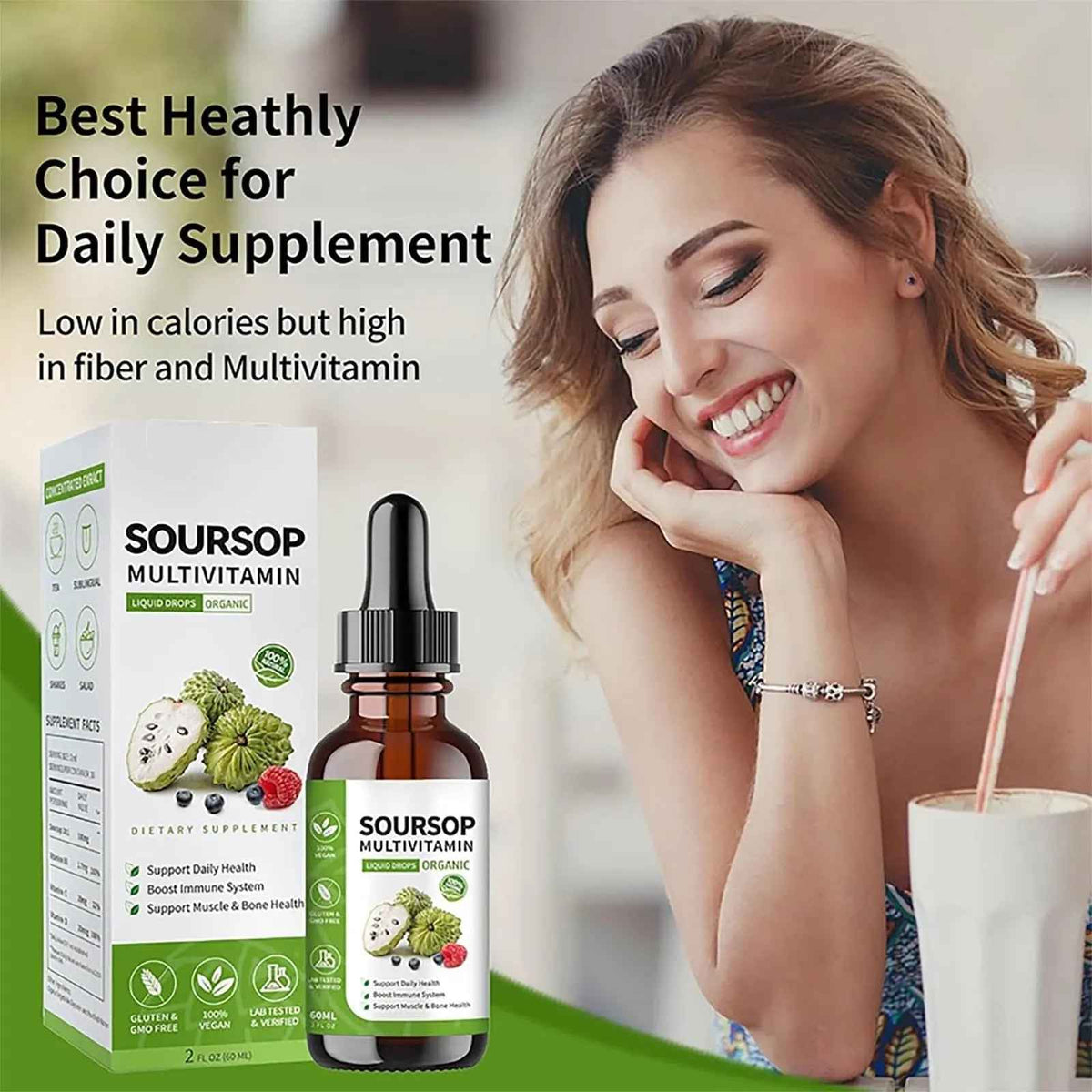 Soursop Bitters Liquid 2 Fl Oz, Soursop Graviola Leaf Extract Liquid Drop, Soursop Multivitamin Liquid Drops Organic for Cell Support, Immune System, Relax
