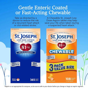 St. Joseph Aspirin Pain Reliever (NSAID) 81mg, Enteric Safety Coated, Adult Low Dose Aspirin, 365 ct