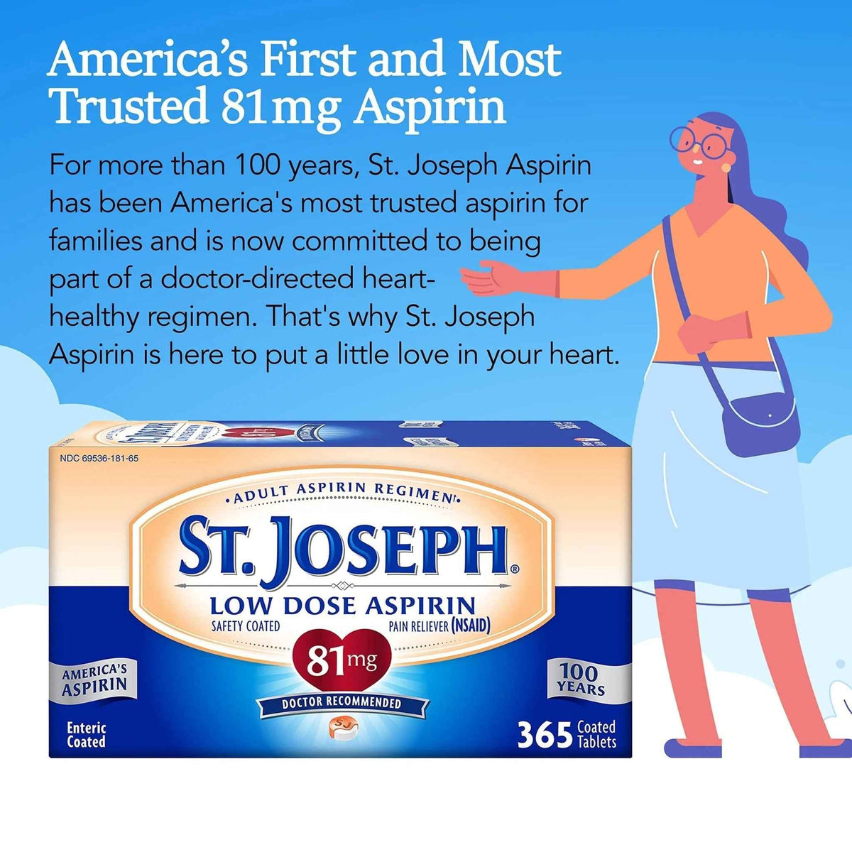 St. Joseph Aspirin Pain Reliever (NSAID) 81mg, Enteric Safety Coated, Adult Low Dose Aspirin, 365 ct