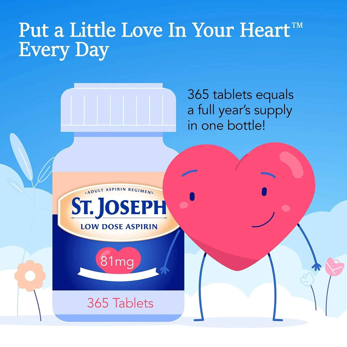 St. Joseph Aspirin Pain Reliever (NSAID) 81mg, Enteric Safety Coated, Adult Low Dose Aspirin, 365 ct