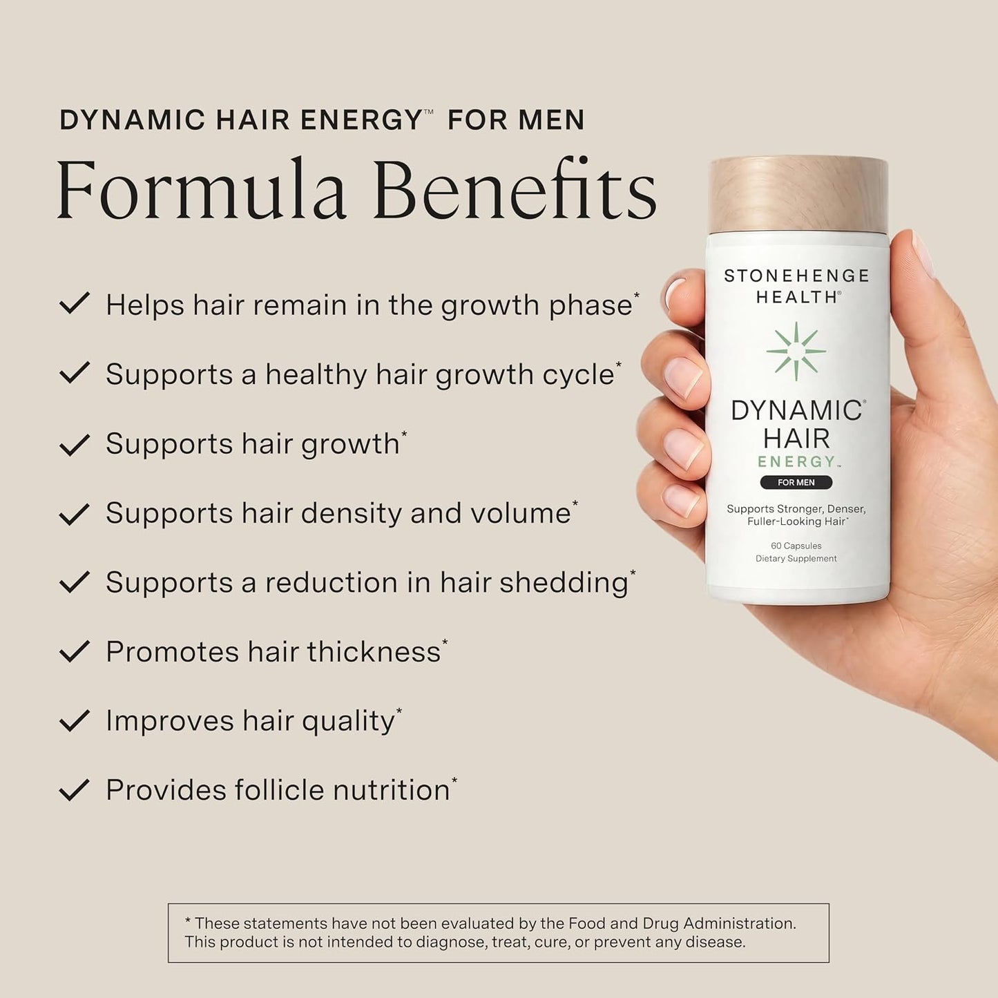 Stonehenge Health Dynamic Hair Energy for Men – Hair Growth Supplement with Saw Palmetto, Spermidine, Biotin & Tocotrienols – Supports Thicker, Denser, Fuller-Looking Hair – 60 Vegetarian Capsules - PrimeBioHealth - canada supplements