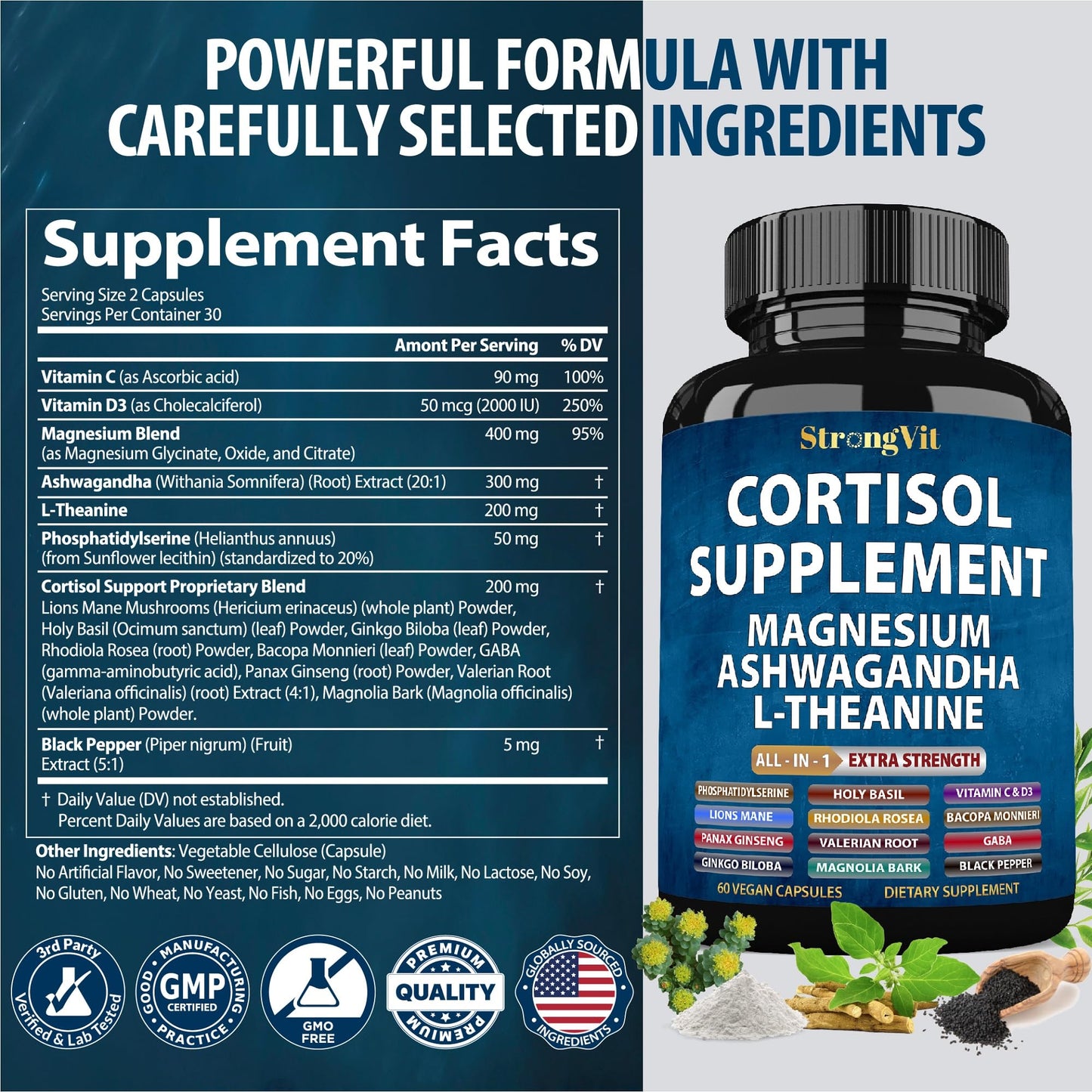 StrongVit Cortisol Supplements for Women and Men with Magnesium, Ashwagandha & L-Theanine. High Cortisol Reducer, Manager, Detox, - PrimeBioHealth - canada supplements