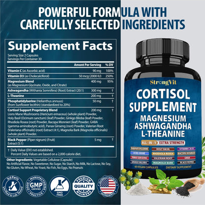 StrongVit Cortisol Supplements for Women and Men with Magnesium, Ashwagandha & L-Theanine. High Cortisol Reducer, Manager, Detox, - PrimeBioHealth - canada supplements