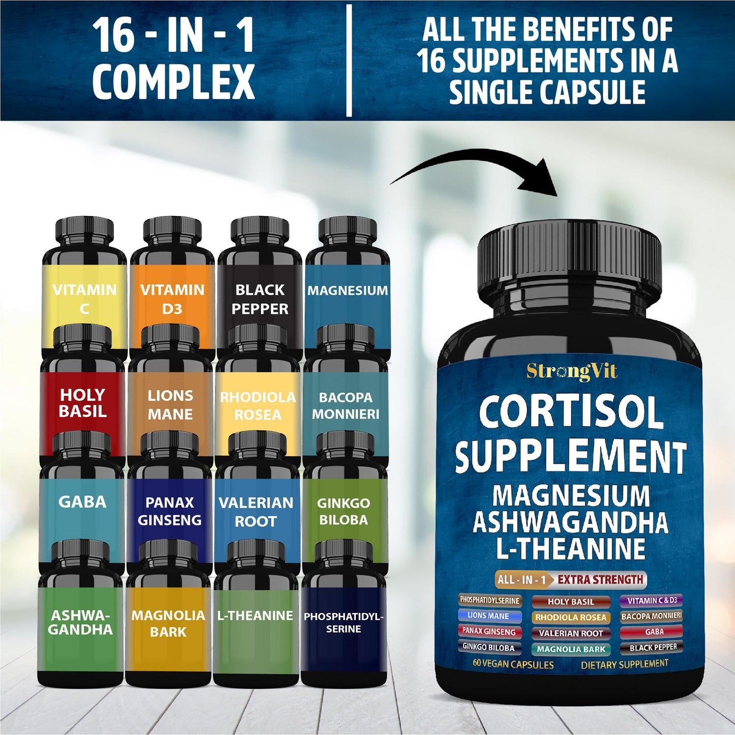 StrongVit Cortisol Supplements for Women and Men with Magnesium, Ashwagandha & L-Theanine. High Cortisol Reducer, Manager, Detox, - PrimeBioHealth - canada supplements