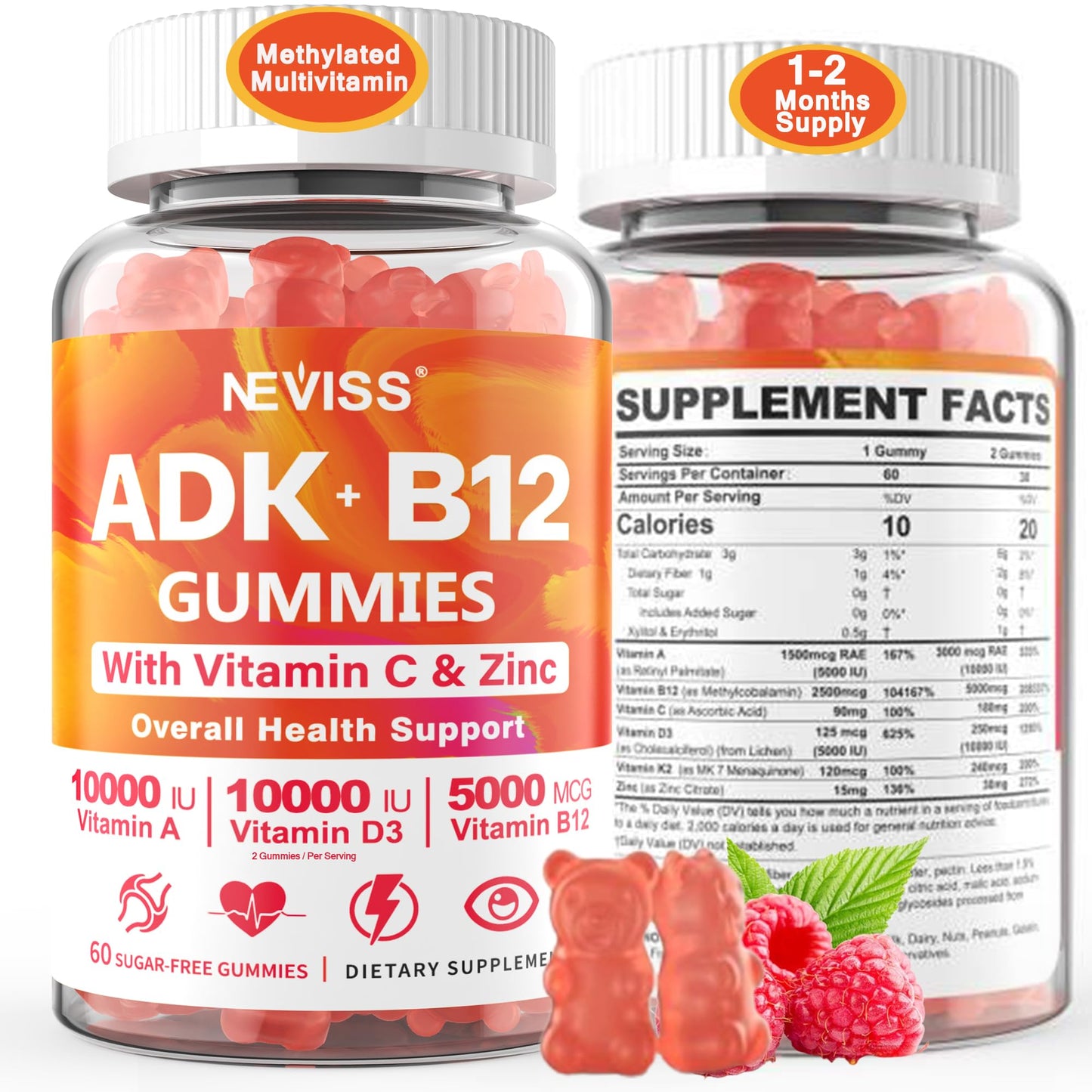 Sugar-Free ADK+Vitamin B12 Gummies - Vitamin D3 K2 10,000IU/ 5000IU, B12 5000mcg 2500mcg, K2 (MK-7) 240mcg, Multivitamin Adults-Vitamin A,Vegan Vitamin D,Methyl B12,C,Zinc-Eye,Bone,Energy,Nerve,Immune - PrimeBioHealth - canada supplements