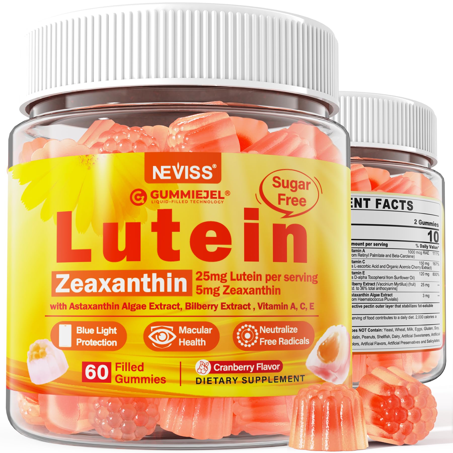 Sugar-Free Lutein Zeaxanthin Supplements Gummies (25mg) Vitamins A, C, E, Bilberry, Astaxanthin - Coconut Oil for Better Absorption - Adults & Teens Vision Health, Eye Strain, Dry Eyes - Vegan, 60Cts - PrimeBioHealth - canada supplements