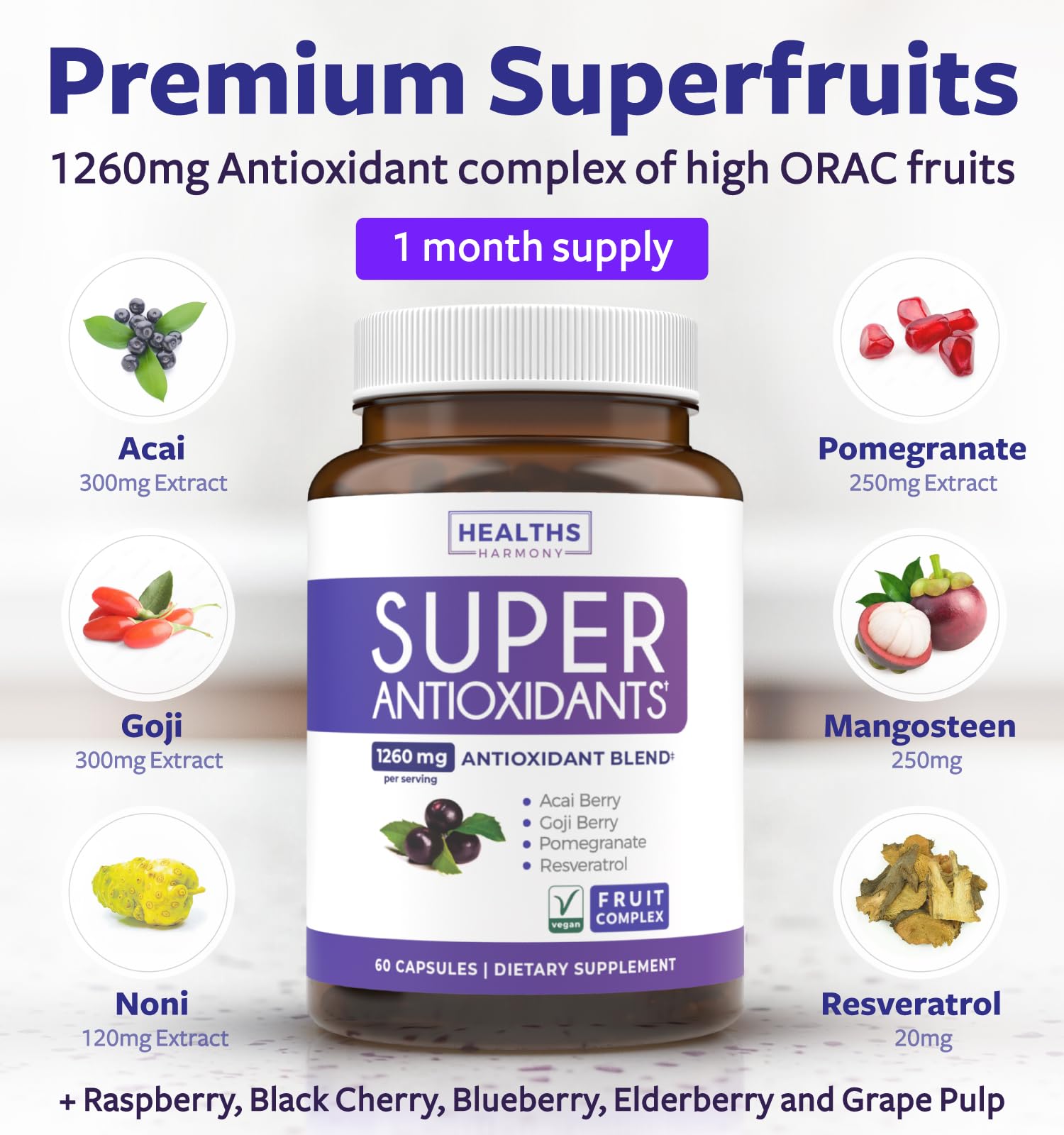 Super Antioxidants Supplement for Women & Men - High Potency Herbal & Fruit Blend with Acai, Goji, Pomegranate, Elderberry & Resveratrol for Skin Care & Immune Support - Vegan & Non-GMO - 60 Capsules - PrimeBioHealth - canada supplements