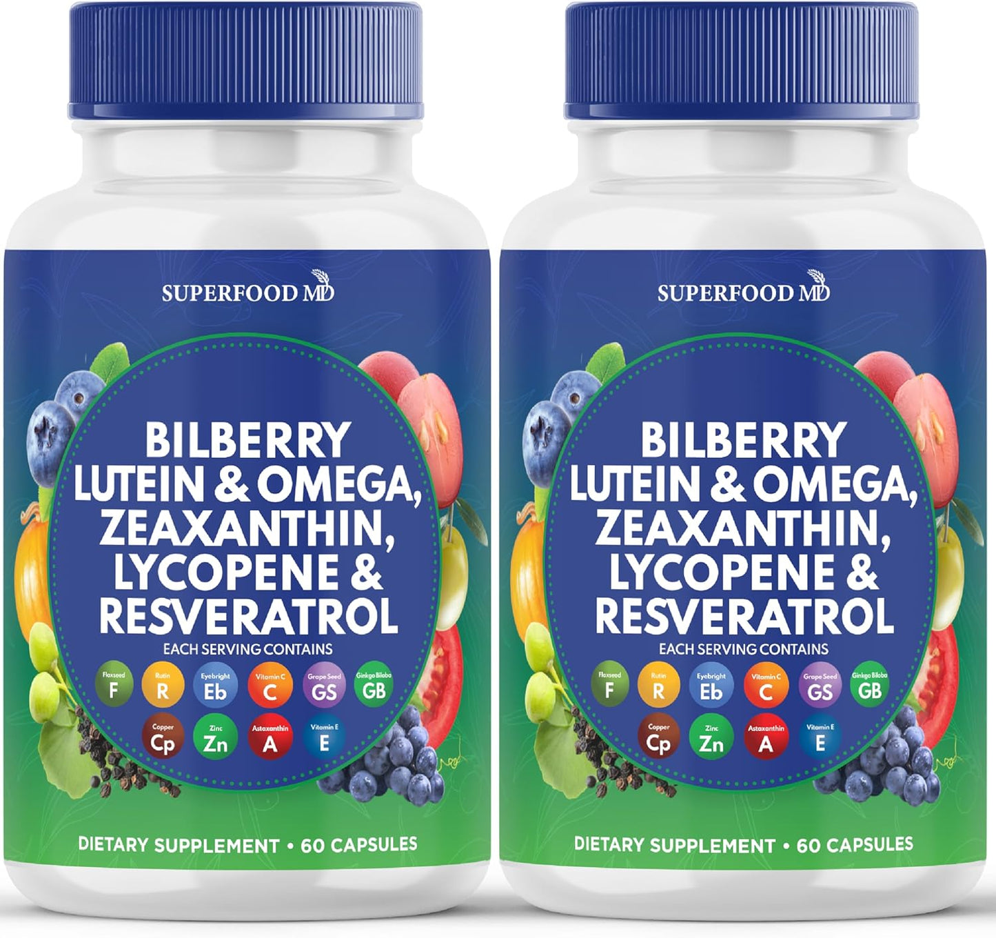 Superfood MD Eye Health Vitamins with Bilberry Lutein & Zeaxanthin Lycopene 40mg Resveratrol Grape Seed Extract Astaxanthin- AREDS 2 - Eye Vitamin - 120 Capsules - PrimeBioHealth - canada supplements