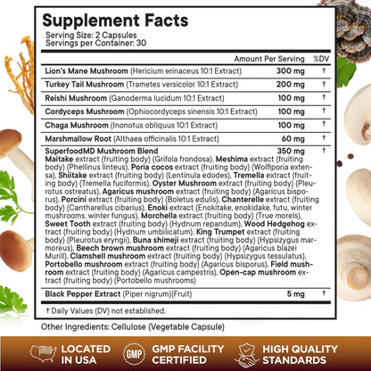 Superfood MD Lions Mane Mushroom Supplement with Turkey Tail Reishi Cordyceps Chaga with Marshmallow Root - 120 Count - PrimeBioHealth - canada supplements