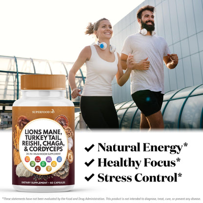 Superfood MD Lions Mane Mushroom Supplement with Turkey Tail Reishi Cordyceps Chaga with Marshmallow Root - 120 Count - PrimeBioHealth - canada supplements