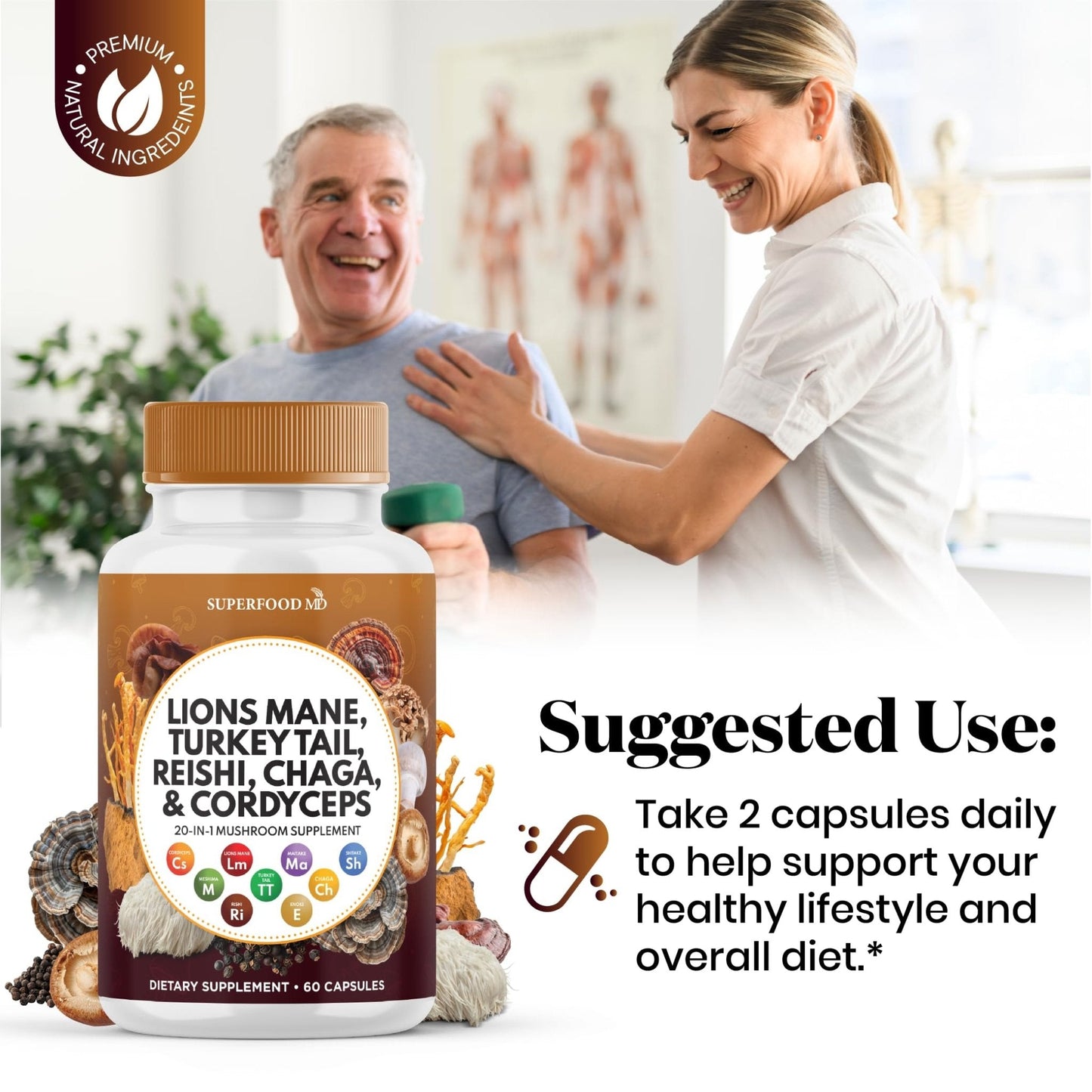 Superfood MD Lions Mane Mushroom Supplement with Turkey Tail Reishi Cordyceps Chaga with Marshmallow Root - 120 Count - PrimeBioHealth - canada supplements