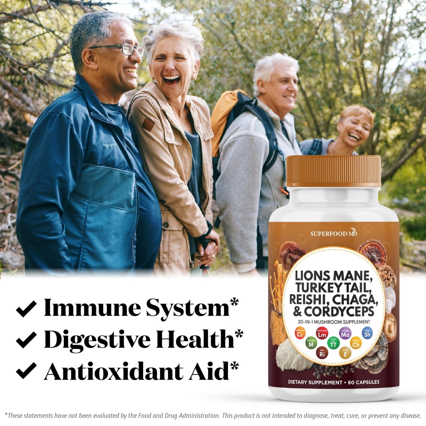 Superfood MD Lions Mane Mushroom Supplement with Turkey Tail Reishi Cordyceps Chaga with Marshmallow Root - 120 Count - PrimeBioHealth - canada supplements