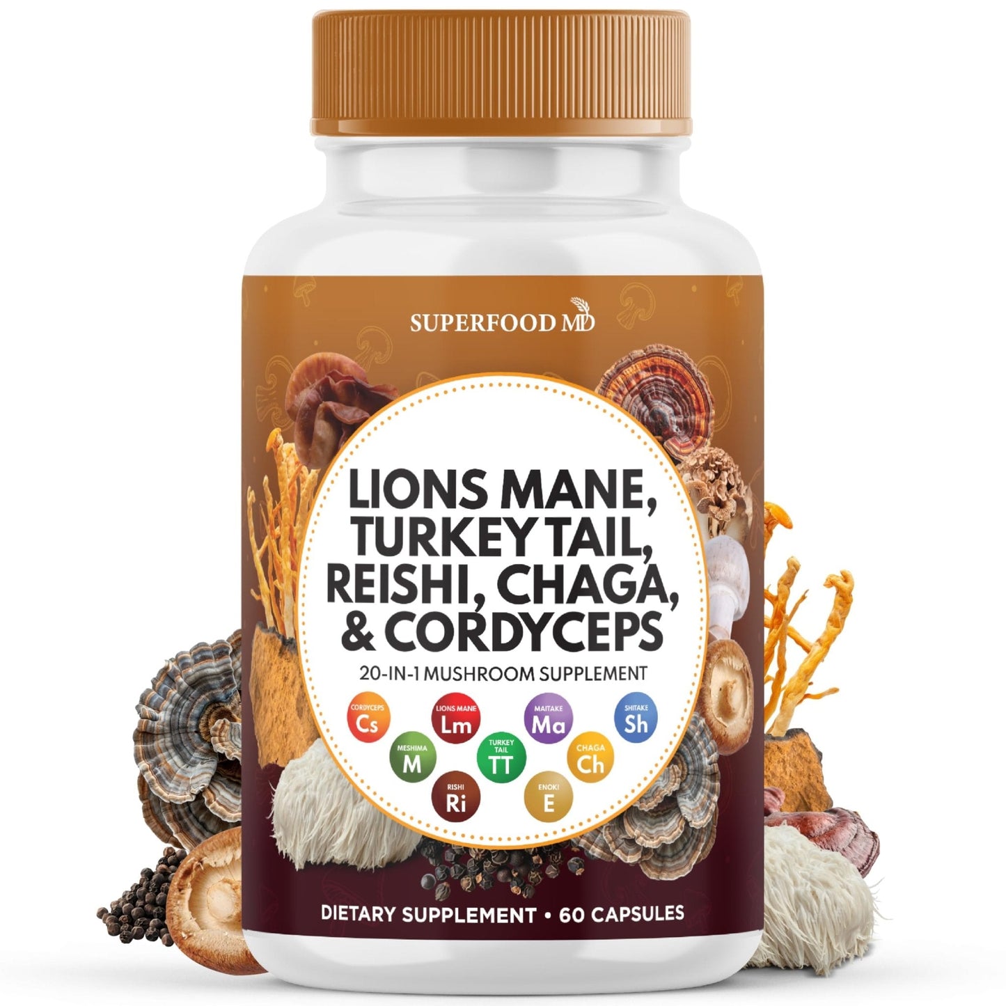Superfood MD Lions Mane Mushroom Supplement with Turkey Tail Reishi Cordyceps Chaga with Marshmallow Root - 120 Count - PrimeBioHealth - canada supplements