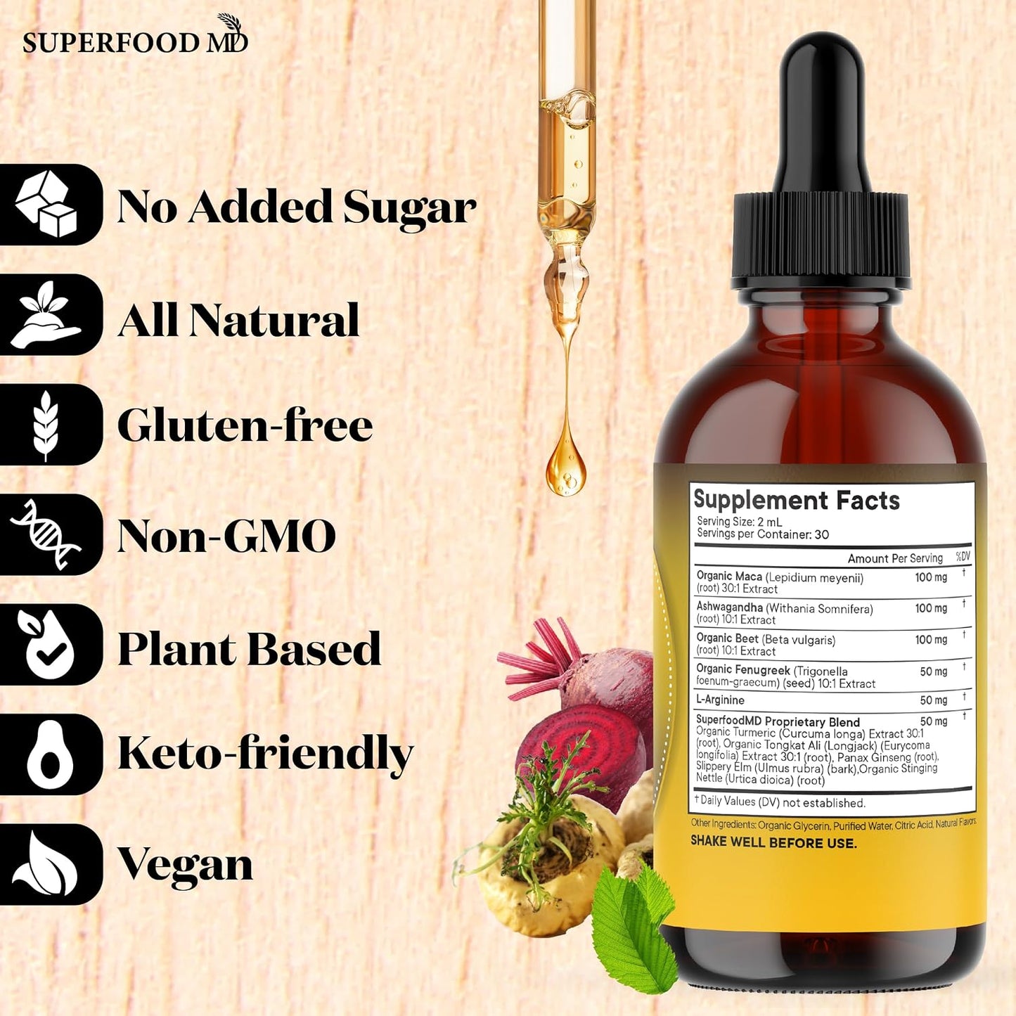 Superfood MD Maca Root Liquid Drops with Ashwagandha, Nettle, Fenugreek, Beet Root and L-Arginine Liquid Multivitamin for Women and Men - 8 Oz - PrimeBioHealth - canada supplements