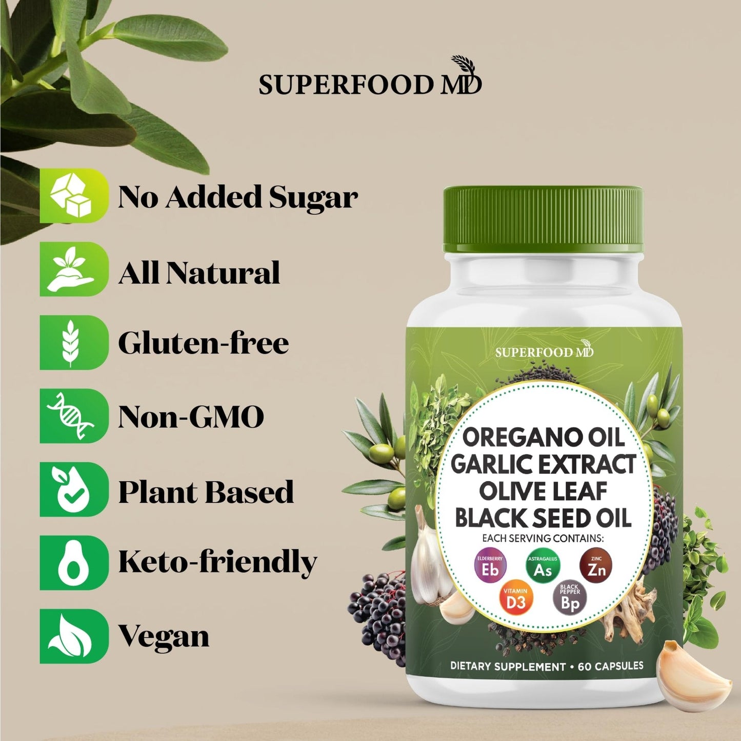 Superfood MD Oregano Oil Garlic Extract Olive Leaf Black Seed Oil Astragalus- for Women and Men- 60 Count - PrimeBioHealth - canada supplements