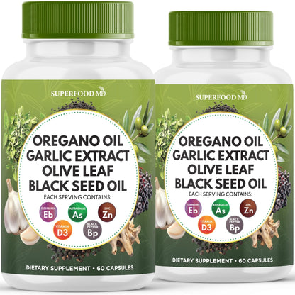 Superfood MD Oregano Oil Garlic Extract Olive Leaf Black Seed Oil Astragalus- for Women and Men- 60 Count - PrimeBioHealth - canada supplements