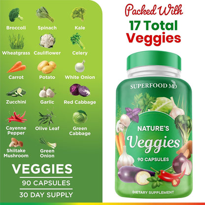 Superfood MD Veggies Supplement - 90 Veggie Capsules - Supports Energy Levels, Beta Carotene, Vitamins & Minerals - Soy Free - 90 Count - PrimeBioHealth - canada supplements