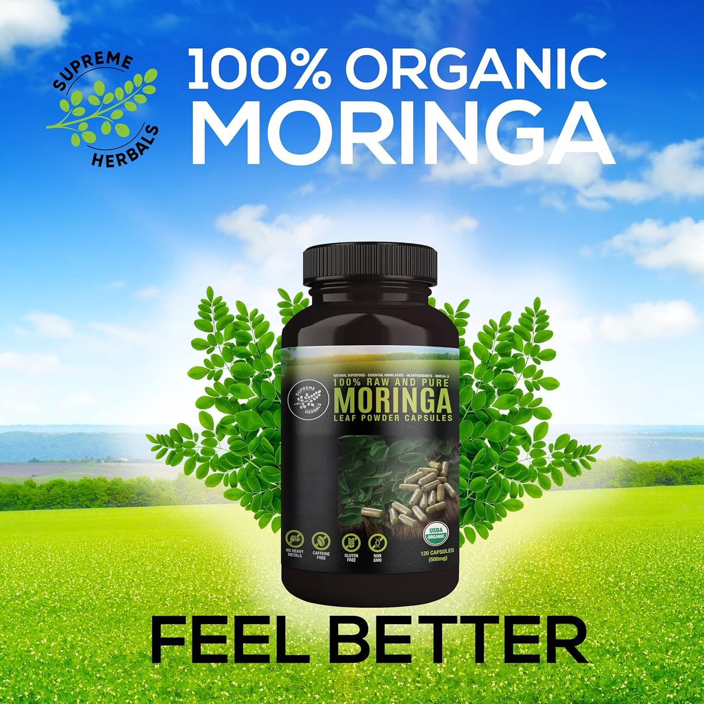 SUPREME HERBALS, 100% Raw and Pure Moringa Leaf Powder Capsules. Organic Certified Moringa Leaf. Natural Superfood with Essential Amino Acids - PrimeBioHealth - canada supplements
