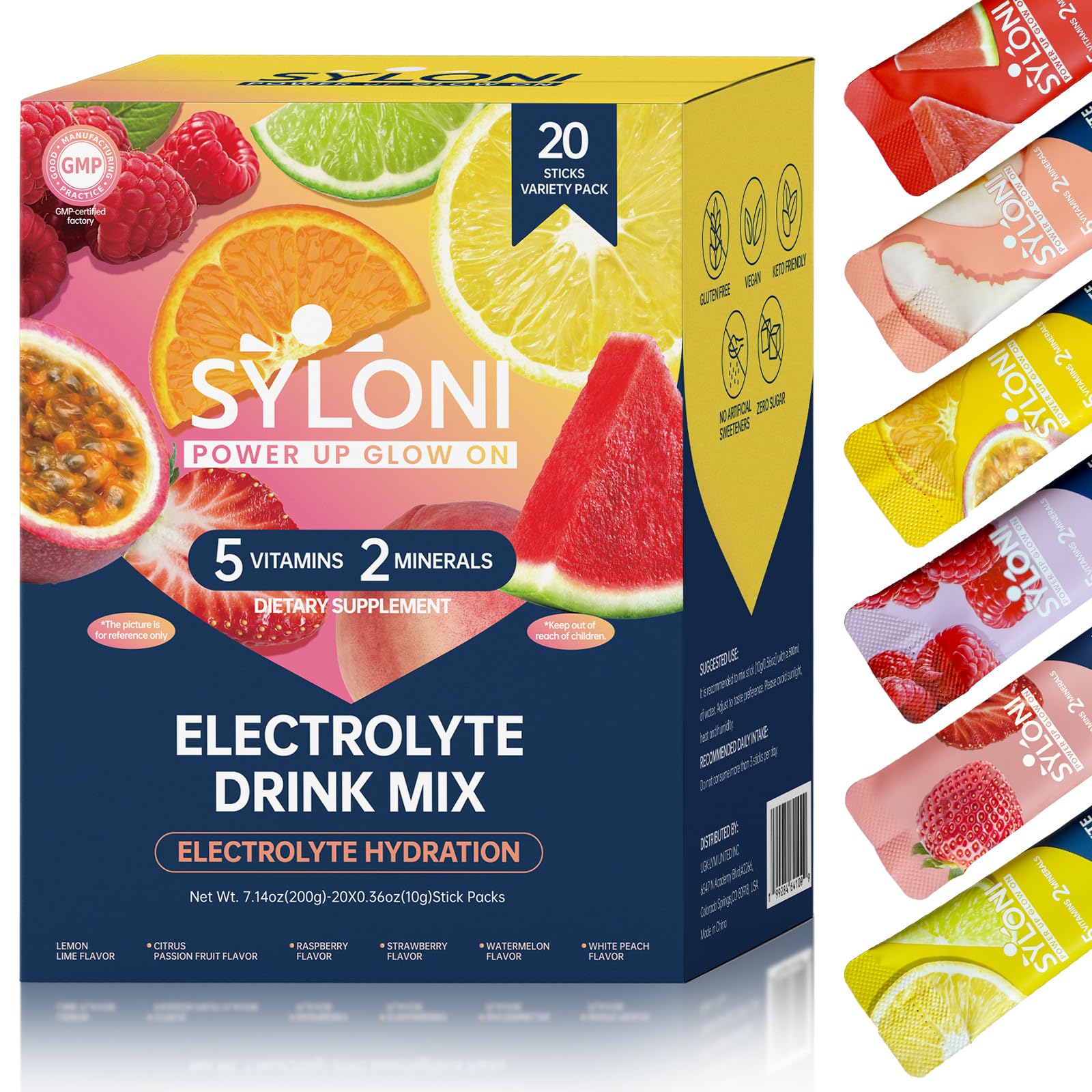 Syloni Electrolytes Powder Packets, Trial Variety Pack(20 Sticks), Sugar Free Hydration Packets Electrolyte Drink Mix with 7 Vitamins and Electrolytes - PrimeBioHealth - canada supplements