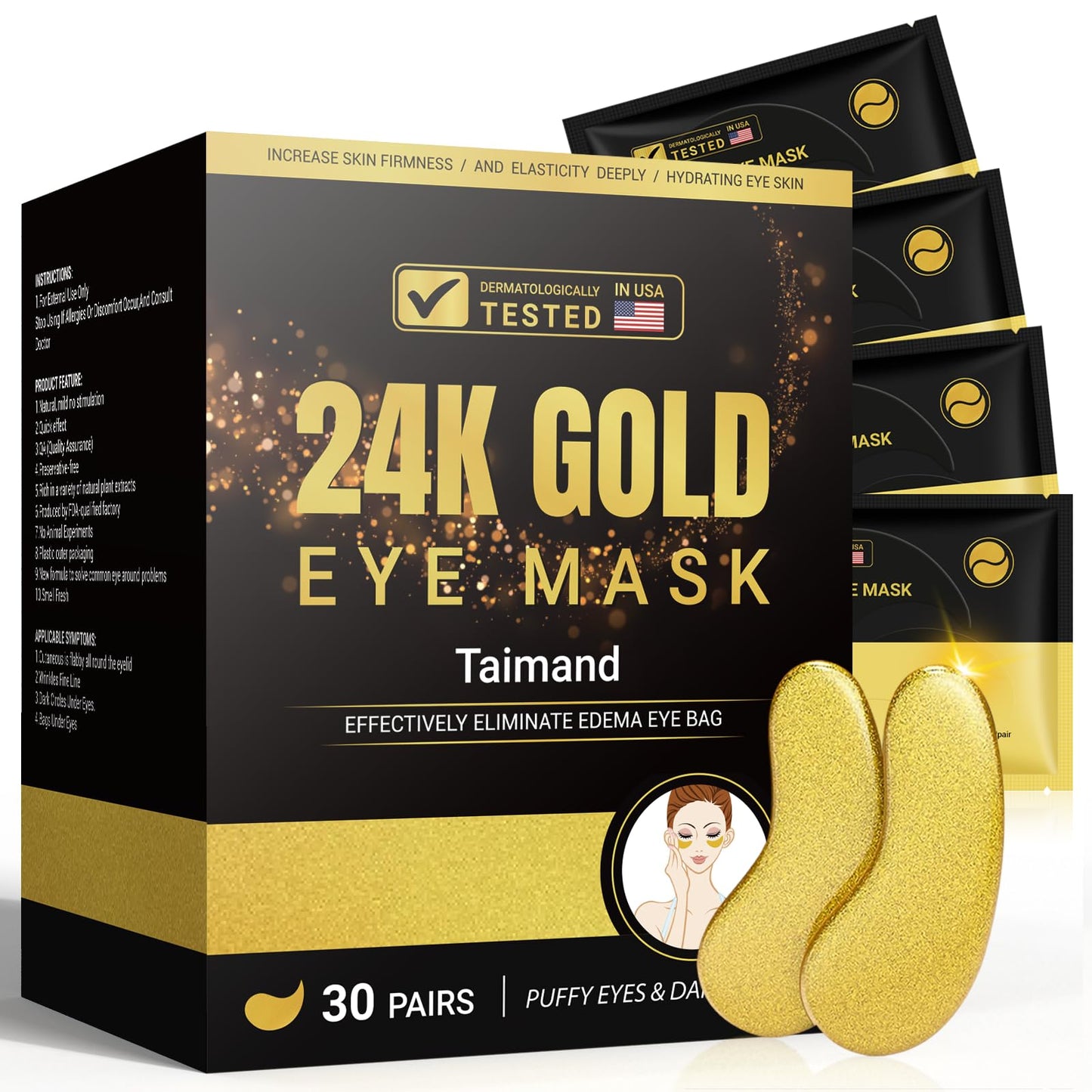 Taimand Under Eye Patches (30 Pairs), 24K Gold Under Eye Mask for Puffy Eyes, Dark Circles,Bags and Wrinkles with Collagen - PrimeBioHealth - canada supplements