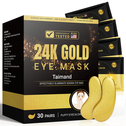Taimand Under Eye Patches (30 Pairs), 24K Gold Under Eye Mask for Puffy Eyes, Dark Circles,Bags and Wrinkles with Collagen - PrimeBioHealth - canada supplements