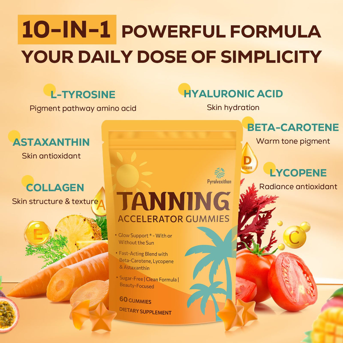 Tanning Gummies with Astaxanthin for Women and Men | Sunless Tanning Supplement with Beta Carotene, Lycopene, Collagen & Vitamins | Skin Radiance & Hydration | Vegan & Sugar Free - 60 Count - PrimeBioHealth - canada supplements