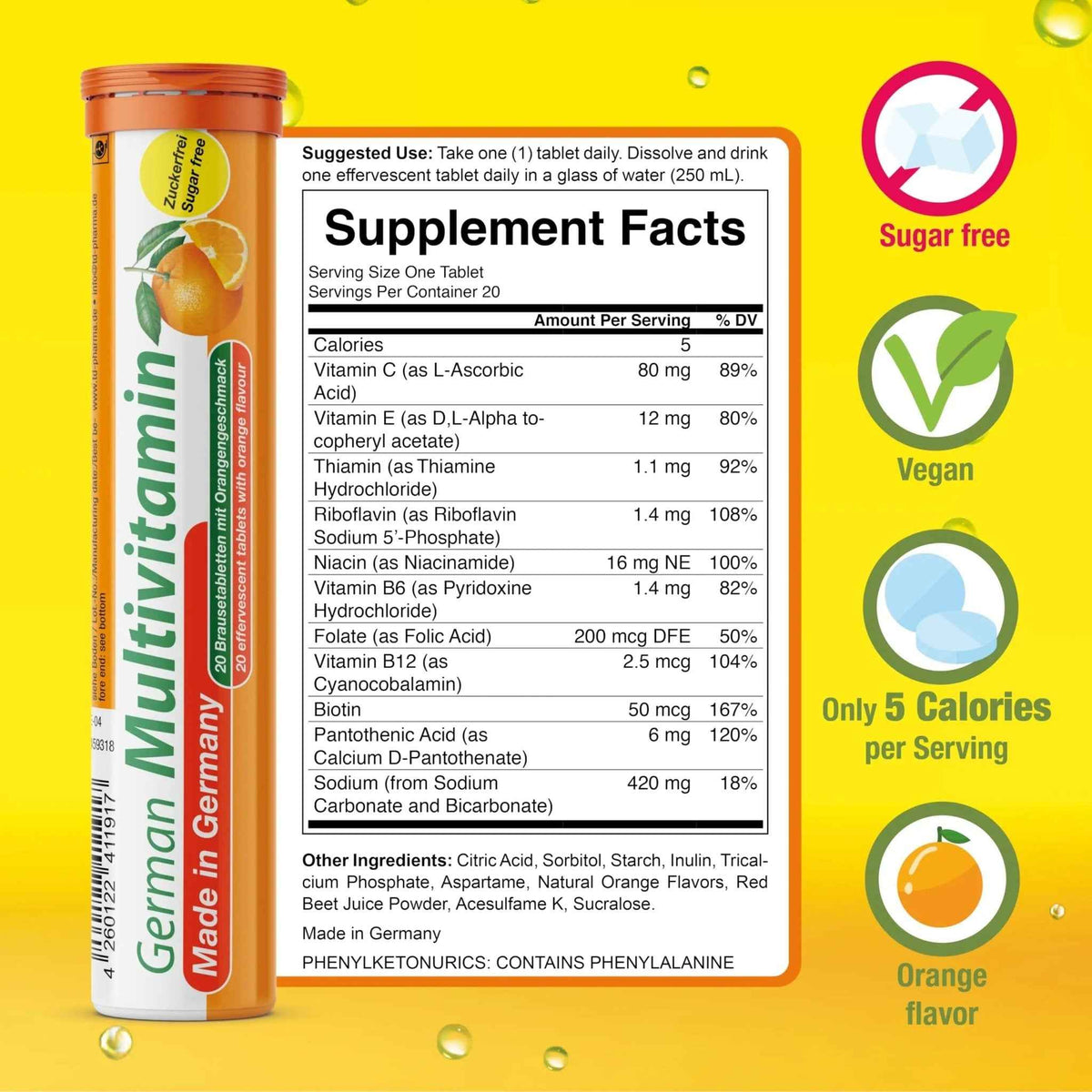 T&D German Multvitamin 10 Vitamins - 40 Vegan Drink Effervescent Tablets - Orange Flavor