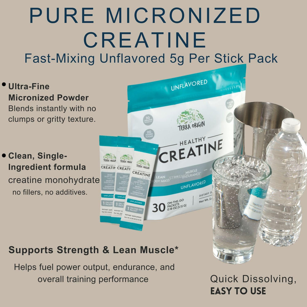 TERRA ORIGIN Healthy Creatine Micronized Monohydrate Powder | 30 Stick Packs | Support for Muscle and Cognitive Performance* | Supplement for Women and Men - PrimeBioHealth - canada supplements
