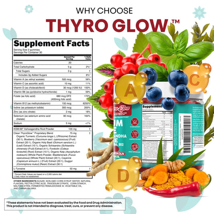 ThyroGlow Thyroid Support Gummies Selenium Iodine KSM 66 Ashwagandha L Tyrosine Vitamin D, C, B12, B6 Turmeric Blueberry Holy - PrimeBioHealth - canada supplements