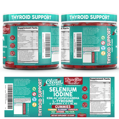 ThyroGlow Thyroid Support Gummies Selenium Iodine KSM 66 Ashwagandha L Tyrosine Vitamin D, C, B12, B6 Turmeric Blueberry Holy - PrimeBioHealth - canada supplements