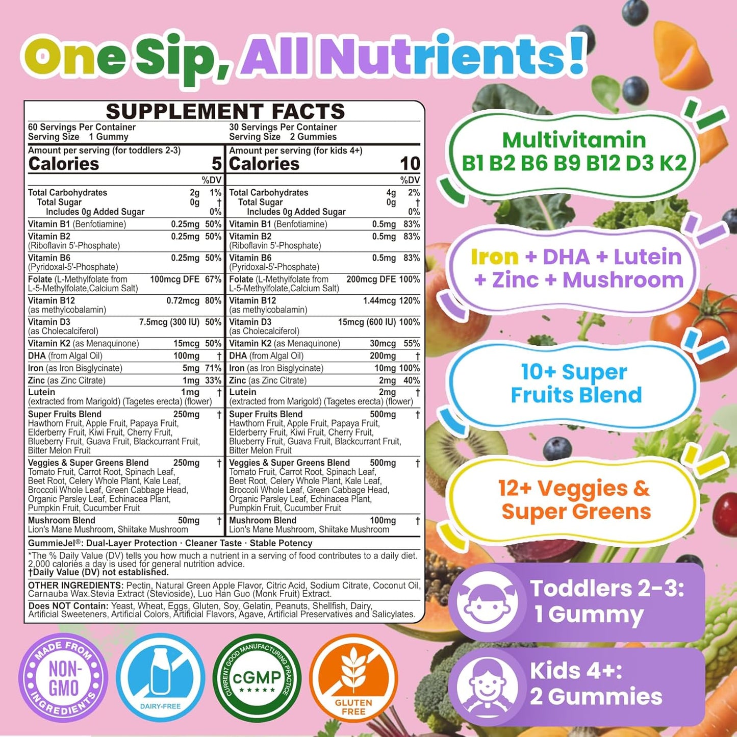 Toddlers 2-3 & Kids 4+ Picky Eater Vitamins with Iron, for Minors Aged 2-17, Children Teens Multiviamin Supergreen Filled Gummies, Methylated B6, B9,B12, Fruits + Veggies + Mushroom, Sugar Free - PrimeBioHealth - canada supplements